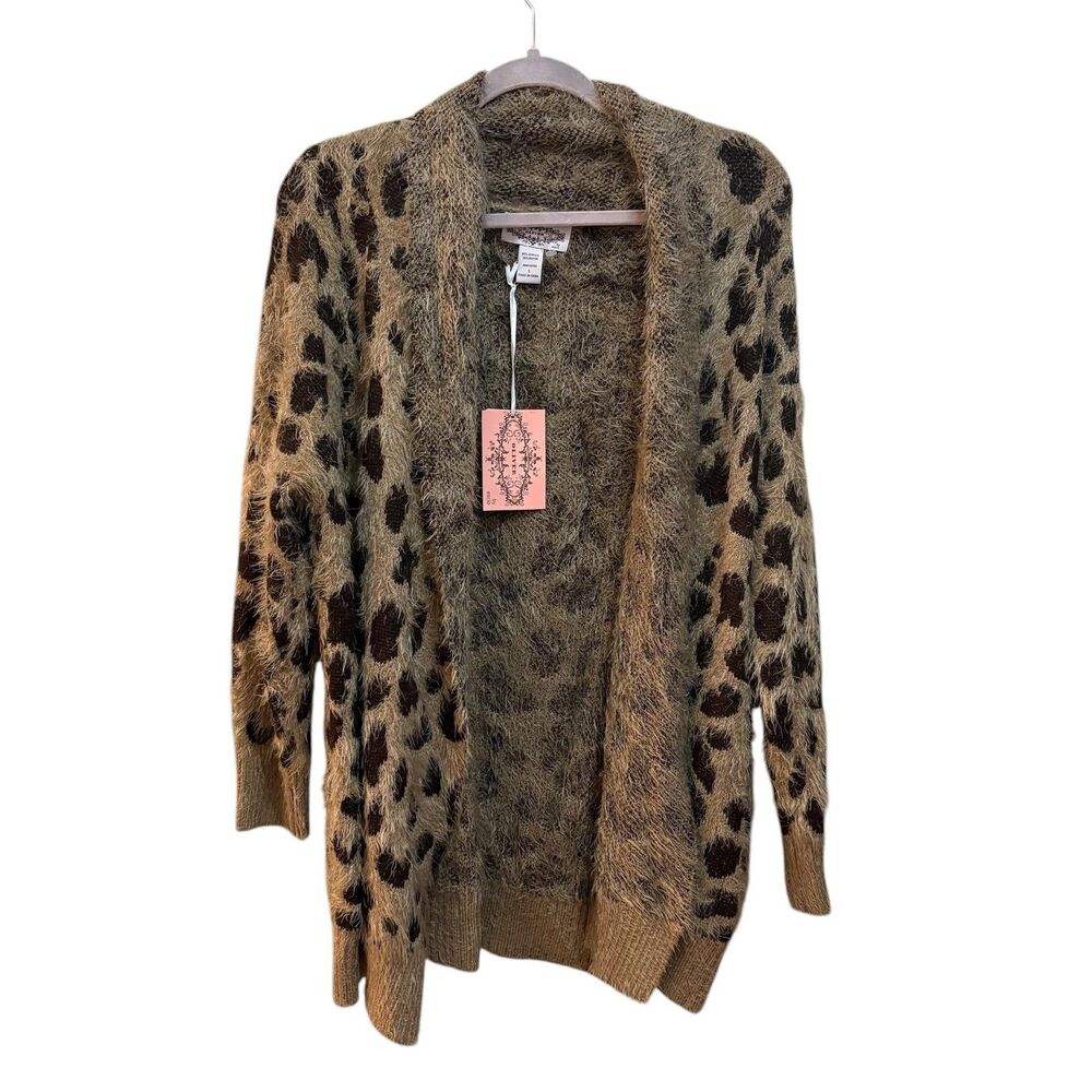 Oliver Cardigan Sweater Womens Large Brown Leopard Print Open Front Fuzzy - Picture 2 of 5